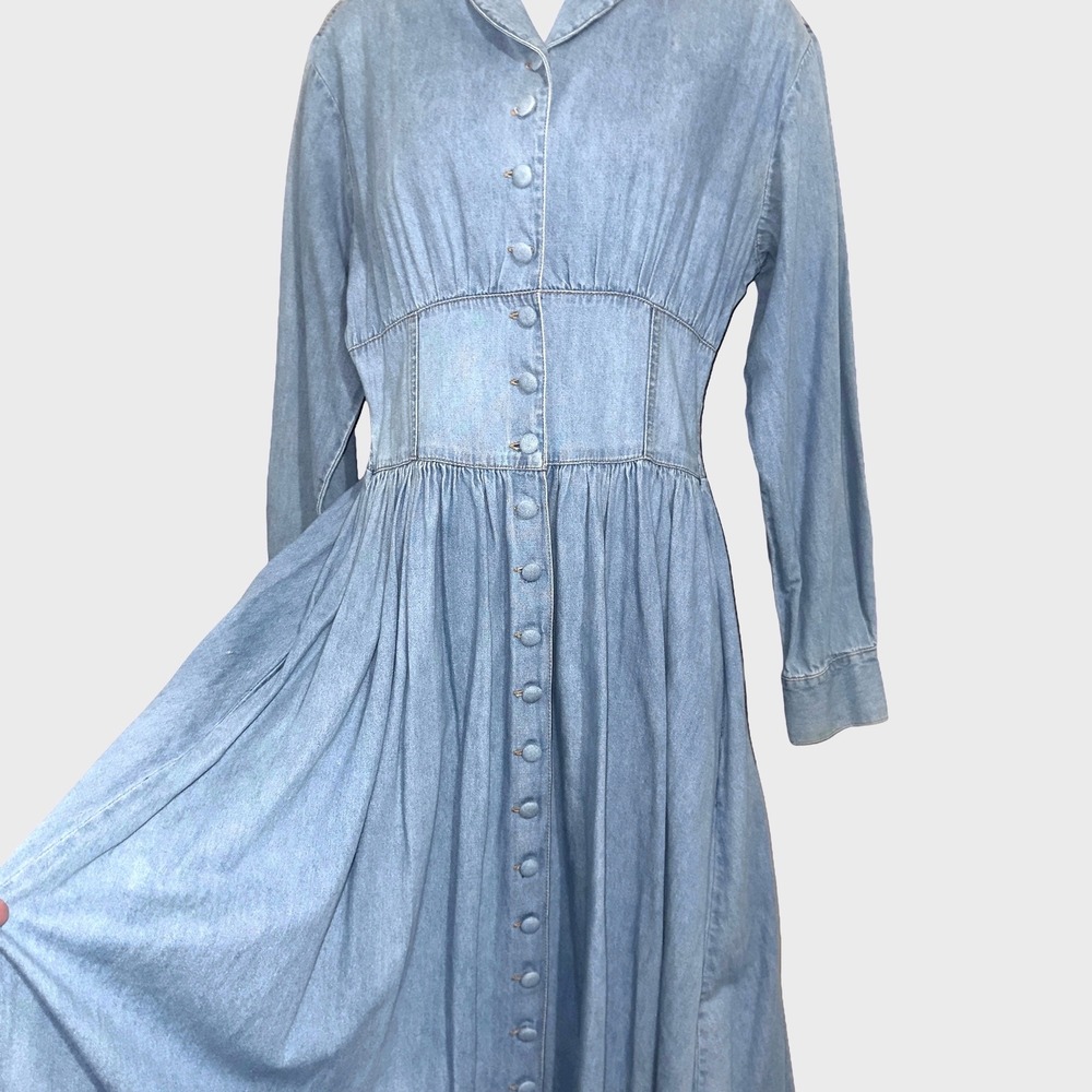 VTG 90s Styleworks Denim Midi Dress 8 Long Sleeve Button Front Western Prairie * - Picture 7 of 14